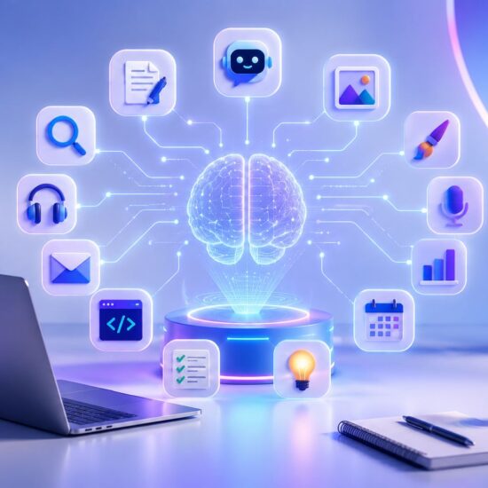best AI tools for daily use — icons for writing, research, coding, and design connected to an AI brain