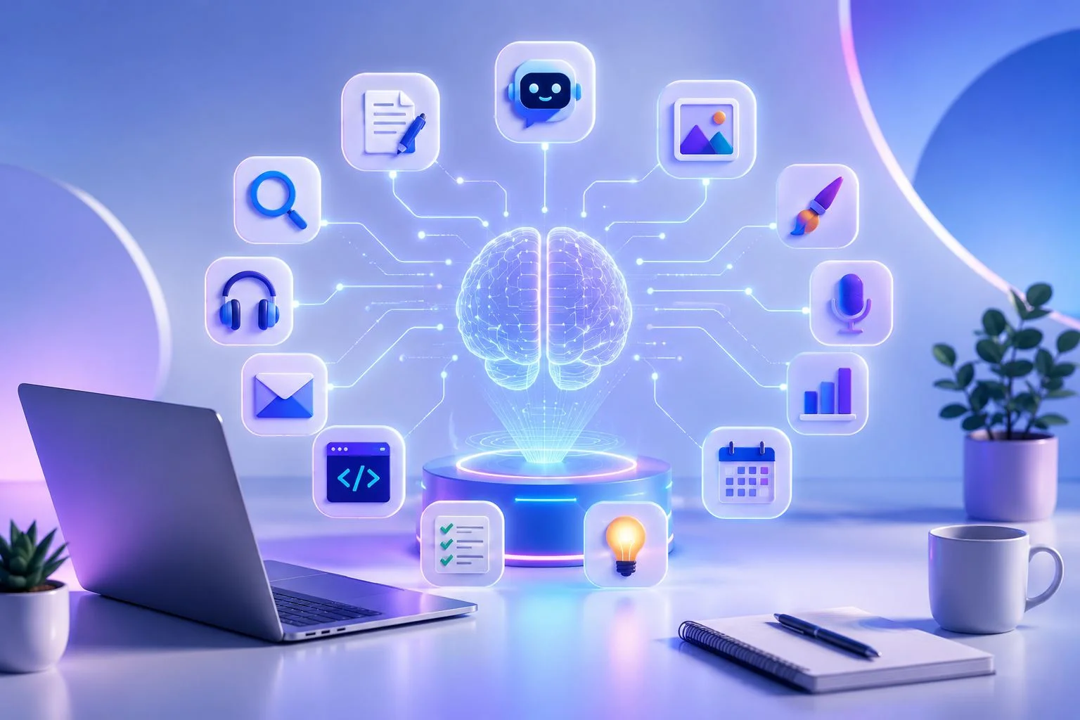 best AI tools for daily use — icons for writing, research, coding, and design connected to an AI brain